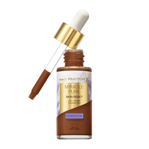 Max Factor Miracle Pure 2in1 Skin Reset Serum Foundation 100-110 - Very Deep - Vegan Formel gleicht den Teint - Medium deckendes Ergebnis - satinartig mattes Finish Niacinamid & Bisabolol 30ml von Max Factor