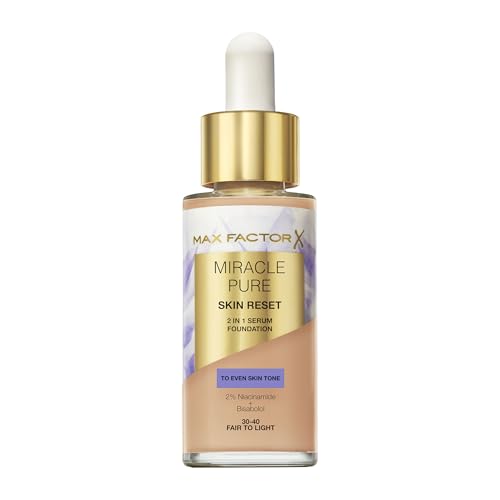 Max Factor Miracle Pure Skin Reset Foundation, 2-in-1 Serum und flüssige Foundation, natürliche Deckkraft mit mattem Finish, Reset-Komplex, Fb. 30-40 Fair to Light von Max Factor