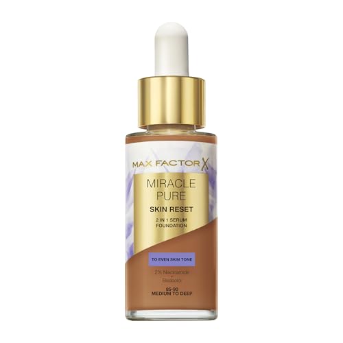 Max Factor Miracle Pure Skin Reset Foundation, 2-in-1 Serum und flüssige Foundation, natürliche Deckkraft mit mattem Finish, Reset-Komplex, Fb. 85-90 Medium to Deep von Max Factor