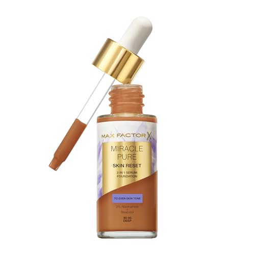 Max Factor Miracle Pure Skin Reset Serum Foundation 90-95 Deep, 2-in-1 Serum-Formel, gesund aussehende Haut, mittlere Deckkraft, seidenmattes Finish, 2% Niacinamid, dermatologisch getestet von Max Factor
