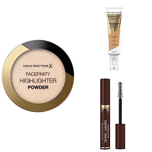 Max Factor Seductive Glow look - Highlighter 001 Nude Beam + Miracle Pure Skin Improving Foundation, Fb. 75 Golden + Masterpiece Divine Lashes Mascara, Farbe 002 schwarzbraun von Max Factor