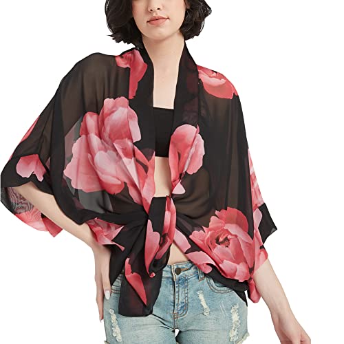 Damen Lose Print Sheer Chiffon Kimono Beach Swim Cover Up Cardigan Capes Bluse Tops, Schwarz-Rosa Blumenmuster, Einheitsgröße von Max Hsuan