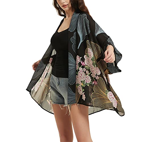 Damen Lose Print Sheer Chiffon Kimono Beach Swim Cover Up Cardigan Capes Bluse Tops, Schwarzer Fächer mit Blumenmuster, Einheitsgröße von Max Hsuan