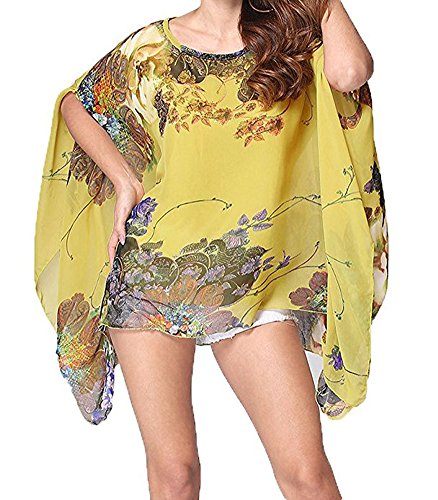 Max Hsuan Damen Baggy Oversize Übergröße Fledermaus-Tunika Top Bluse Floral Chiffon Kaftan, Gelb – zufällig bedruckt, 50 von Max Hsuan