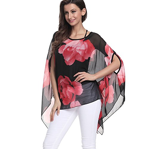 Max Hsuan Damen Baggy Oversize Übergröße Fledermaus-Tunika Top Bluse Floral Chiffon Kaftan, Schwarz mit rosa Blumen, 16-18 von Max Hsuan