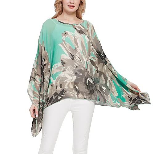 Max Hsuan Damen Lose Solid Sheer Chiffon Caftan Poncho Fledermaus Tunika Top Bluse Sommer Oversized Shirts, Grün / Grau mit Blumenmuster, Einheitsgröße Mehr von Max Hsuan