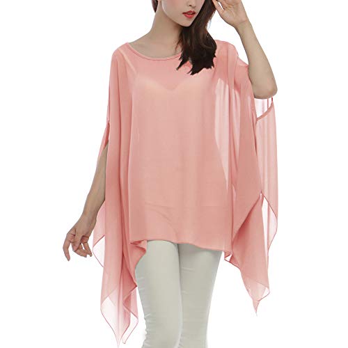 Max Hsuan Damen Lose Solid Sheer Chiffon Caftan Poncho Fledermaus Tunika Top Bluse Sommer Oversized Shirts, Pink, Einheitsgröße Mehr von Max Hsuan