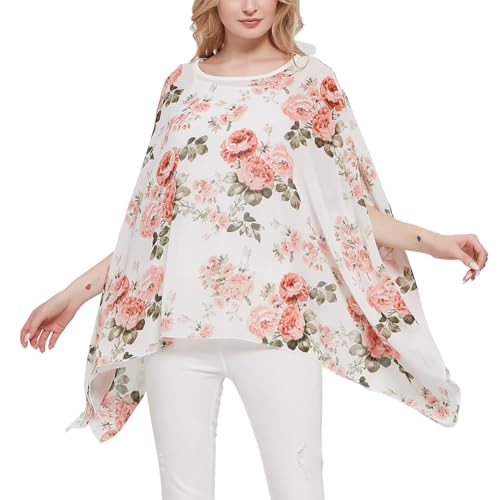 Max Hsuan Damen Lose Solid Sheer Chiffon Caftan Poncho Fledermaus Tunika Top Bluse Sommer Oversized Shirts, Weiß mit rosa Rosen, Einheitsgröße Mehr von Max Hsuan