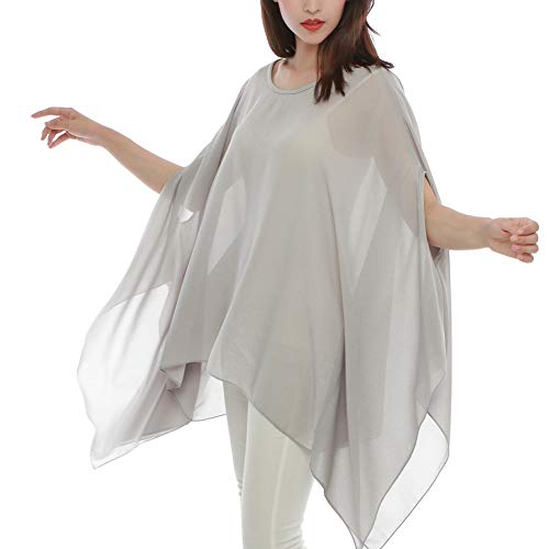 Max Hsuan Damen Lose Solid Sheer Chiffon Caftan Poncho Fledermaus Tunika Top Bluse Sommer Oversized Shirts, grau, Einheitsgröße von Max Hsuan