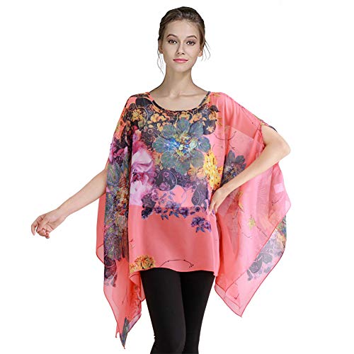 Max Hsuan Damen Lose Solid Sheer Chiffon Kaftan Poncho Fledermaus Tunika Top Bluse Sommer Oversized Shirts, Blumig W-rot, Einheitsgröße von Max Hsuan