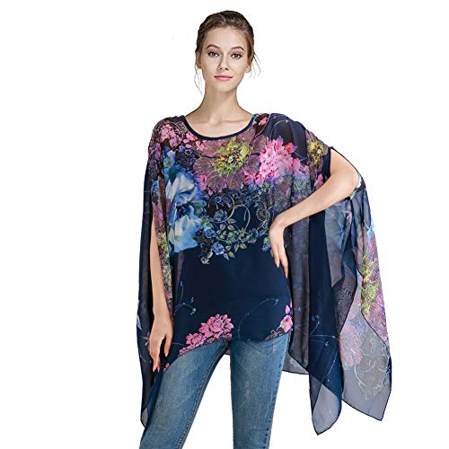 Max Hsuan Damen Lose Solid Sheer Chiffon Caftan Poncho Fledermaus Tunika Top Bluse Sommer Oversized Shirts, Floral Navy, Einheitsgröße Mehr von Max Hsuan