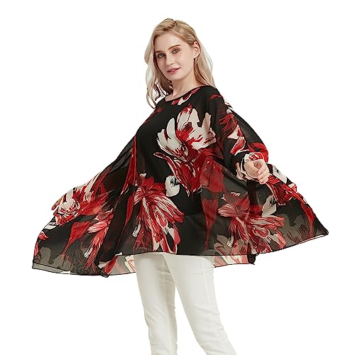 Max Hsuan Damen-Sommerbluse, einfarbig, durchsichtig, Fledermausärmel, Chiffon, Kaftan, Poncho, Tunika, Top, Übergröße, Rot/Weiß mit Blumenmuster, Einheitsgröße Mehr von Max Hsuan