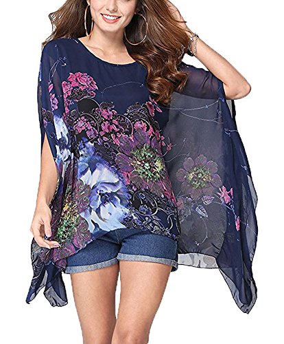 Max Hsuan Damen Baggy Oversize Übergröße Fledermaus-Tunika Top Bluse Floral Chiffon Kaftan, Marineblau, zufällig bedruckt, 16-18 von Max Hsuan