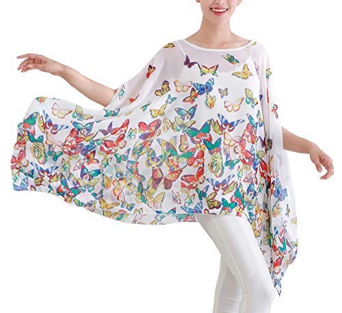 Max Hsuan Damen Baggy Oversize Übergröße Fledermaus-Tunika Top Bluse Floral Chiffon Kaftan, Weißer Schmetterling, 16-18 von Max Hsuan