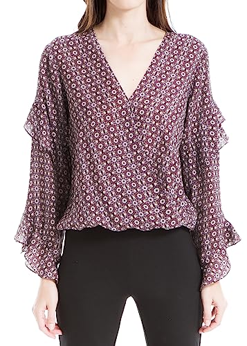 Max Studio Damen Crêpe Langarm Faux Wrap Bluse, Pflaume Grafik Sonnenblume, Groß von Max Studio