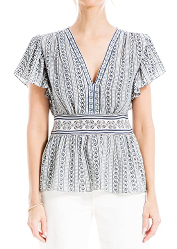 Max Studio Damen Crepe V-Neck Flutter Sleeve Peplum Blouse Bluse, Cremefarben/Blaue Tulpenreihen, Mittel von Max Studio