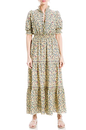Max Studio Damen Fall 2023 V-Neck Elbow Sleeve Boho Floral Print Tiered Long Maxi Flowy Casual Dress Kleid, Gelb/Blush Wild Multi Vine, Mittel von Max Studio