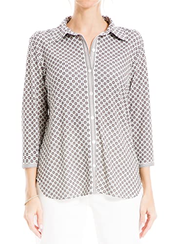 Max Studio Damen Hemd mit 3/4-Ärmeln und Kragen Bluse, Elfenbein/Salbei, Mod Floral Leaf, Klein von Max Studio