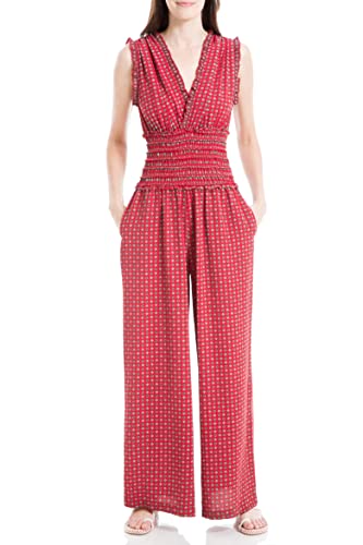 Max Studio Damen Jumpsuit mit gesmokter Taille und V-Ausschnitt Overall, Red Med Flourishing Geo, X-Klein von Max Studio