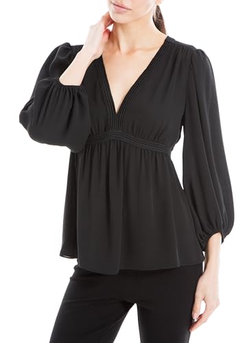 Max Studio Damen Langarm V-Ausschnitt Empire-Taille Bluse, Schwarz, X-Small von Max Studio