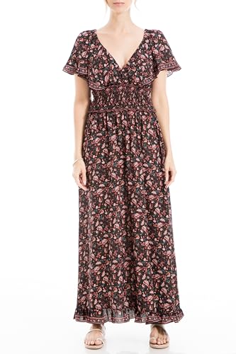 Max Studio Damen Maxikleid aus Poly-Krepp mit gesmokter Taille und Rüschen Kleid, Schwarz/Rot/Rose Floral Mixed, Klein von Max Studio