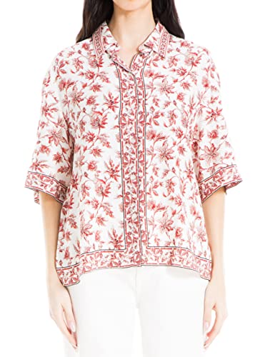 Max Studio Damen Rayon 3/4-Ärmel Knopfleiste vorne, Red Chintzy Rambler, Mittel von Max Studio