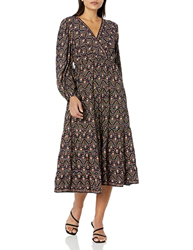 Max Studio Damen Rayon Midi 3/4-Ärmeln und Surplice Neck Kleid, Marine-/Rost-Stempel mit Blätterknospen, Groß von Max Studio