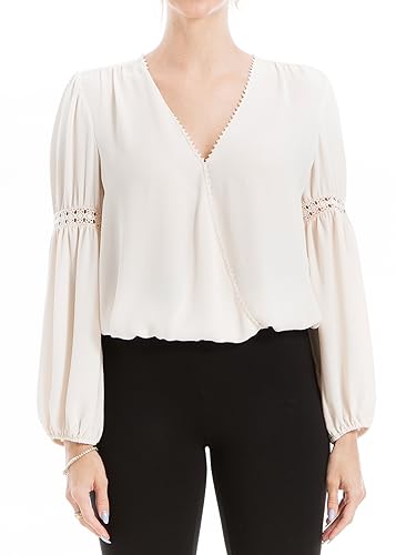 Max Studio Damen Satin mit Blasenärmeln Bluse, Cremeweiß, Klein von Max Studio