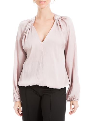 Max Studio Damenbluse aus mattem Satin, Ballonärmel, V-Ausschnitt, Knotendetails am Ausschnitt, Malvenfarben, X-Groß von Max Studio