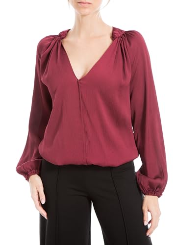 Max Studio Damenbluse aus mattem Satin, Ballonärmel, V-Ausschnitt, Knotendetails am Ausschnitt, Beere, X-Groß von Max Studio