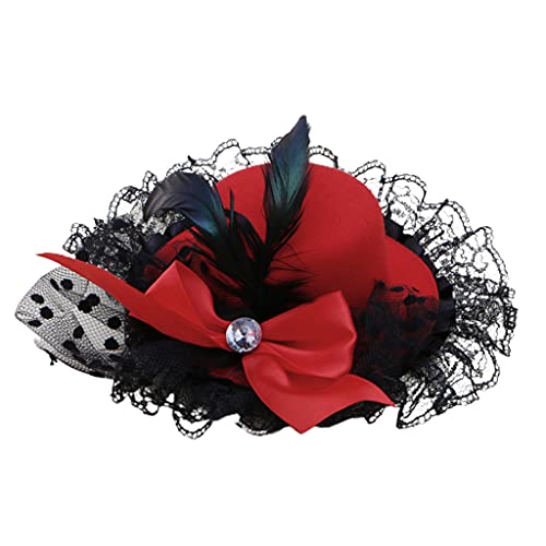 Max-Tonsen Frauen Bogen Haarspangen Spitze Feder Mini Zylinder Fancy Fascinator Party, Rot von Max-Tonsen