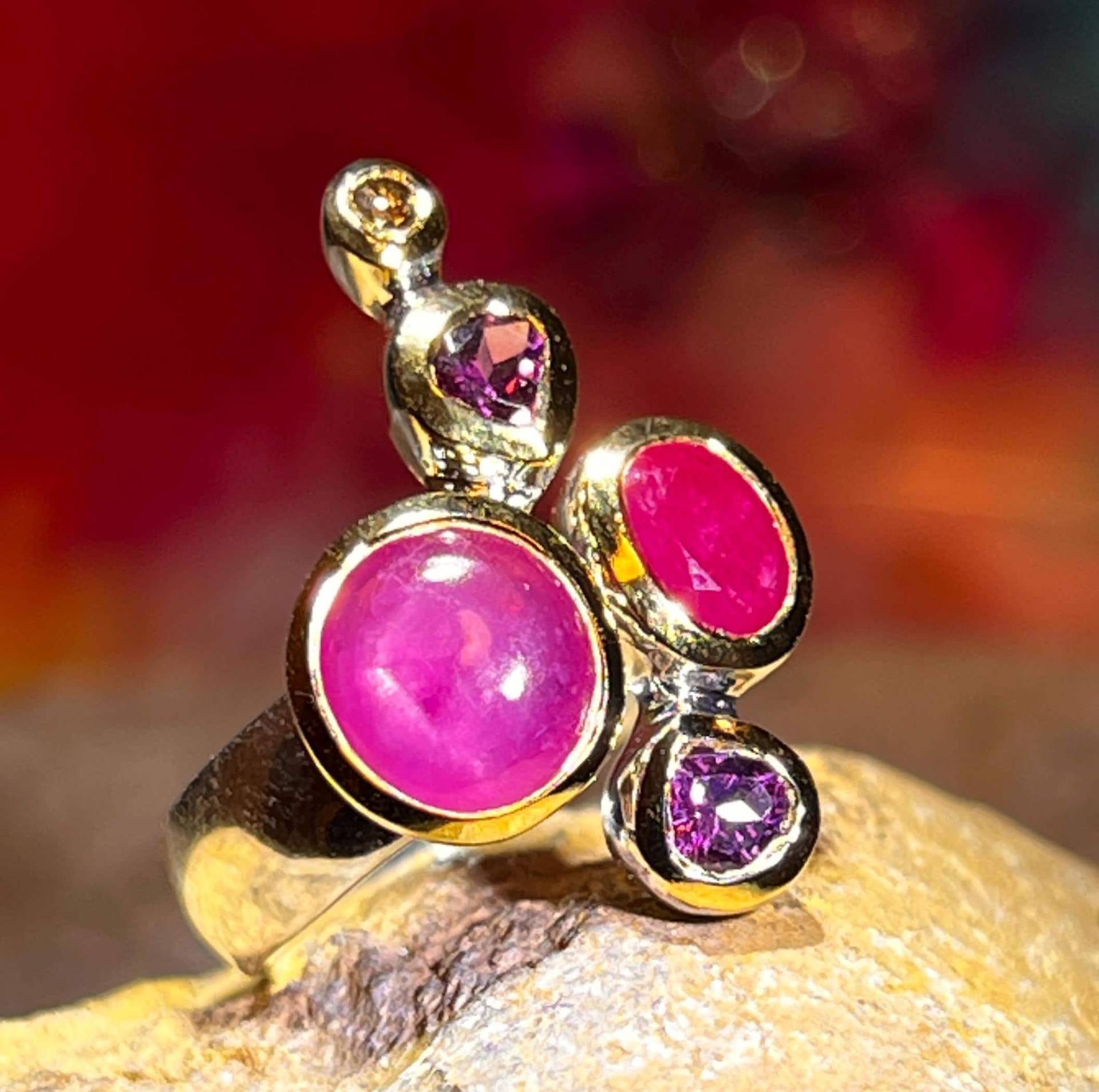 Rubin Rubellith Diamant Und Rhodolith Ring in Silber Mit Teilvergoldeter Fassung von MaxGloriaOpal
