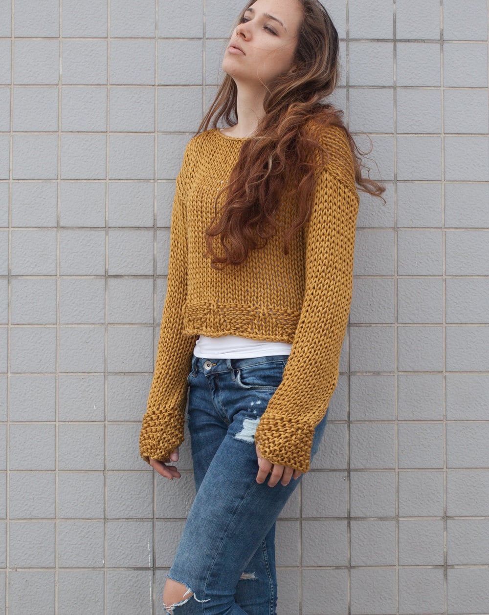 Hand Stricken Frau Baumwolle Pullover Abgeschnitten Oben Verdecken Lose Weben Senf Gelb Hand Stricken Frau Baumwolle Pullover Abgeschnitten Oben Verdecken Lose Weben Senf Gelb von MaxMelody