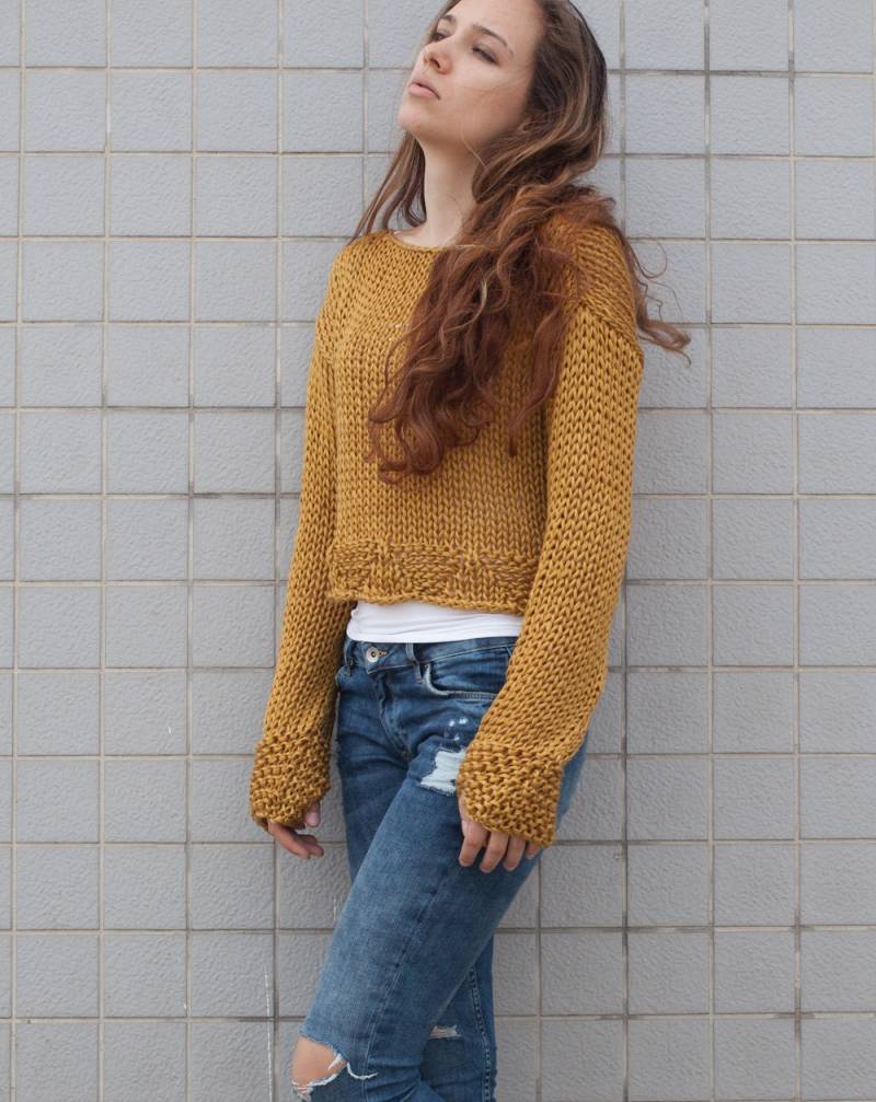 Hand Stricken Frau Baumwolle Pullover Abgeschnitten Oben Verdecken Lose Weben Senf Gelb von MaxMelody