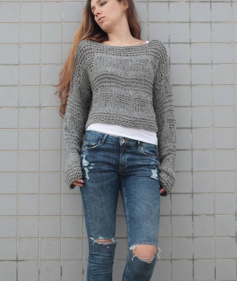 Hand Stricken Pullover Frau Wollpullover Beschnitten Grau Hand Stricken Pullover Frau Wollpullover Beschnitten Grau von MaxMelody