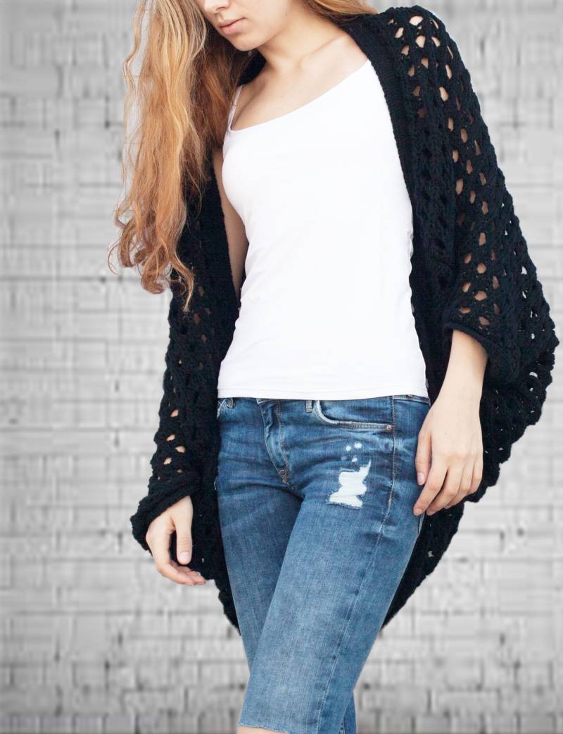 Handgestrickt Damen Pullover Long Cardigan Schwarz Top Locker Stricken Wollpullover von MaxMelody