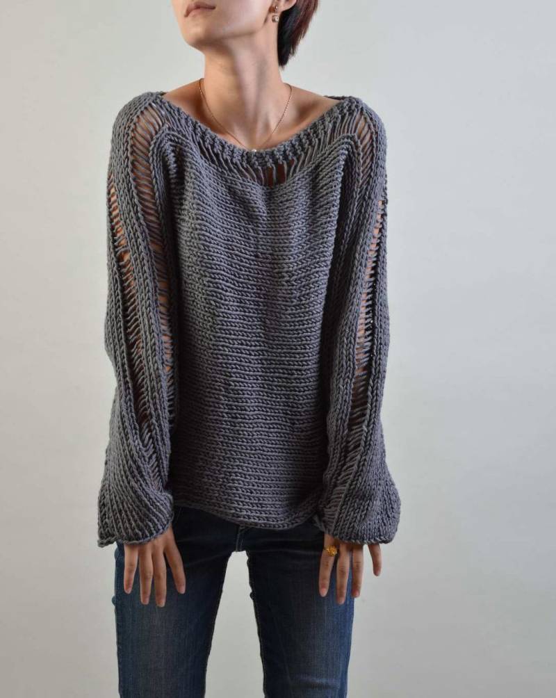 Handgestrickte Pullover Für Frauen Eco Cotton Anthrazit Dunkelgrau von MaxMelody