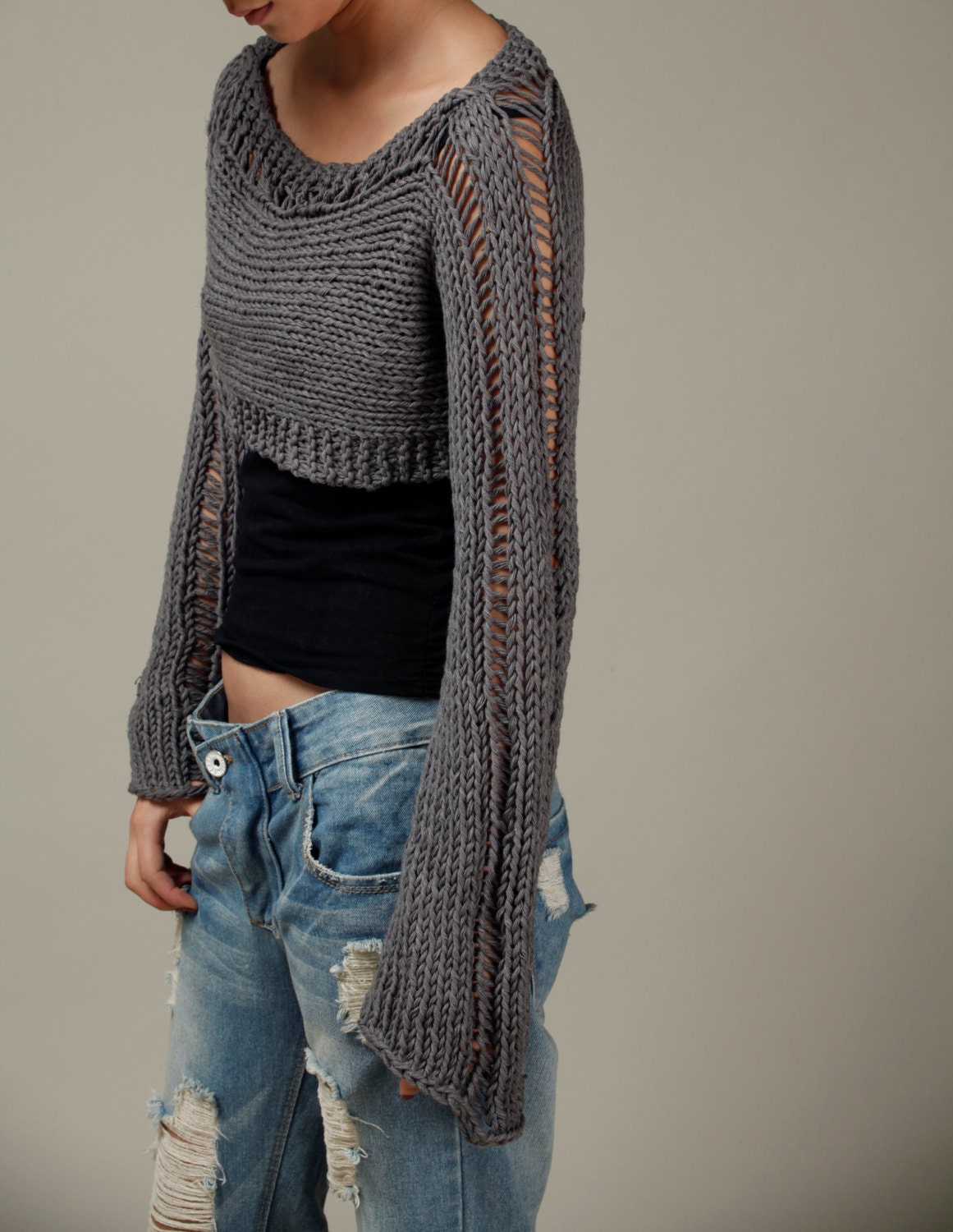 Handgestrickter Damen Pullover Little Shrug Cover Up Baumwolle Kohle Top Handgestrickter Damen Pullover Little Shrug Cover Up Baumwolle Kohle Top von MaxMelody