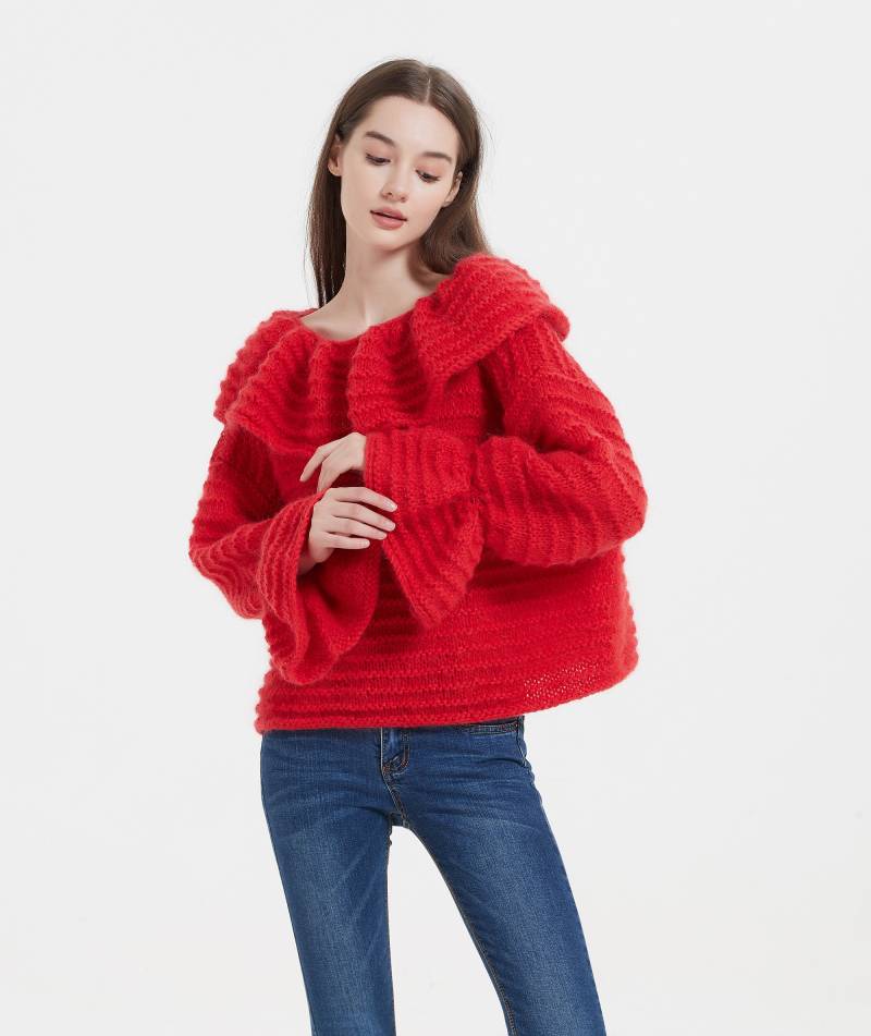 Handgestrickter Damen Pullover Mohair Top Rüschenärmel von MaxMelody