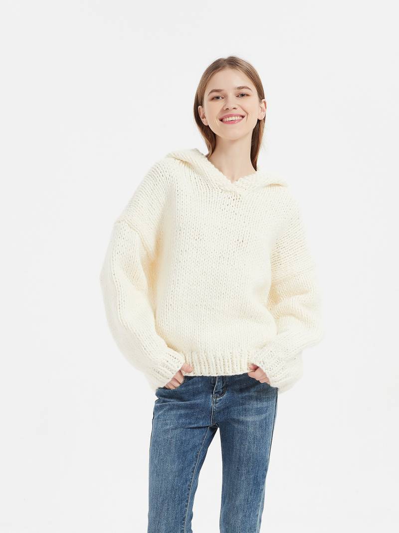 Handgestrickter Oversize Damen Unisex Pullover Kapuzenpullover Slouchy Wolle Creme von MaxMelody
