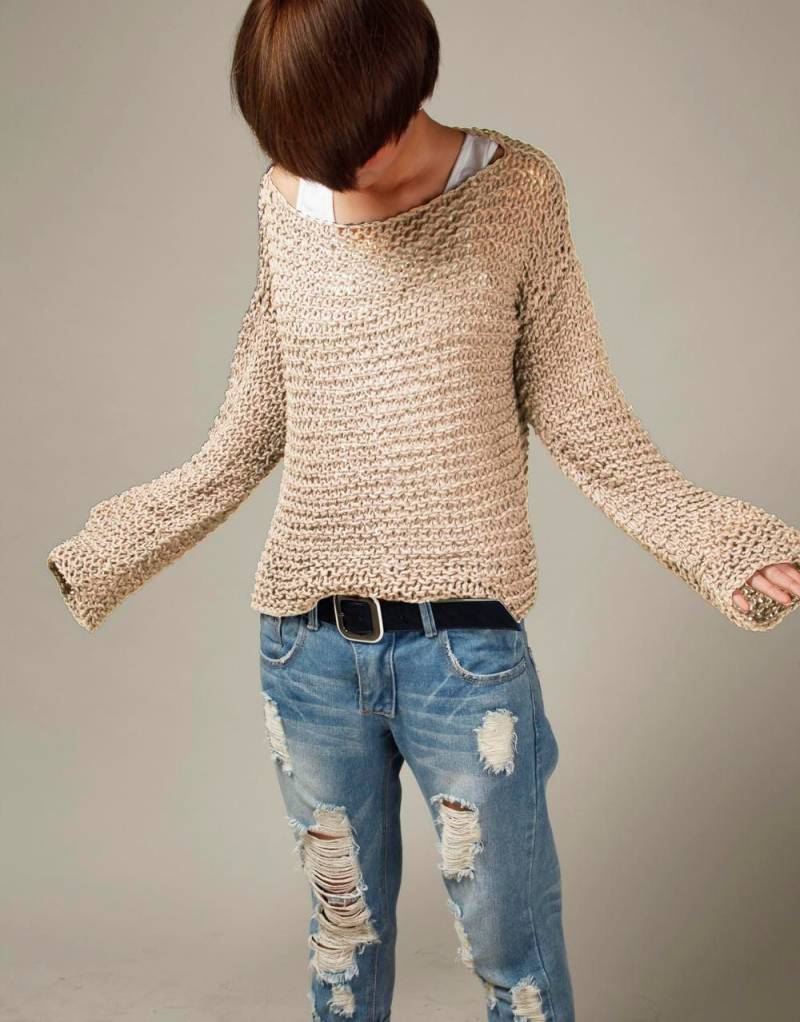 Simple Is The Best - Handgestrickter Pullover Öko-Baumwolle Übergroßer Leichter Weizen-Hafer-Pullover von MaxMelody
