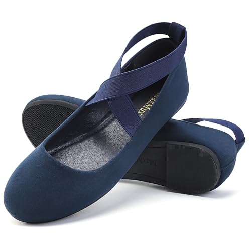 MaxMuxun Damen Ballerinas Elegante Flache Schuhe mit elastischem übergekreuzem Riemchen Bequeme Ballerina Schuhe Flach Marine Blau 39 EU von MaxMuxun