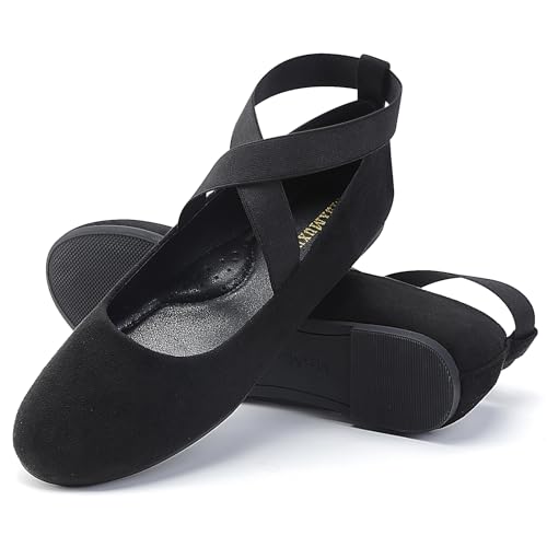 MaxMuxun Damen Ballerinas Elegante Flache Schuhe mit elastischem übergekreuzem Riemchen Bequeme Ballerina Schuhe Flach Schwarz Wildleder 37 EU von MaxMuxun