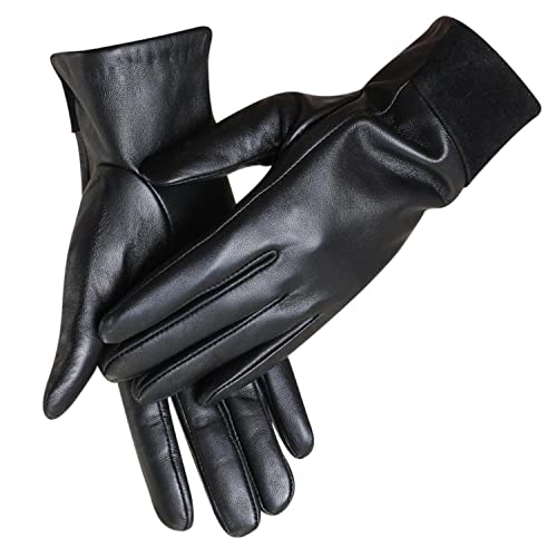 MaxW Herbst Winter Damen Leder Handschuhe Schwarze Touchscreen Schafsfell Handschuhe mit Knopf Weich Warm Fahren Radfahren Fäustlinge Futter aus Kaninchenfellimitat L von MaxW