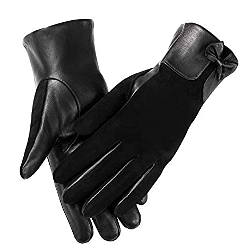 MaxW Herbst Winter Damen Leder Handschuhe Schwarze Touchscreen Schafsfell Handschuhe mit Schleife Weich Warm Fahren Radfahren Fäustlinge Futter aus Kaninchenfellimitat L von MaxW