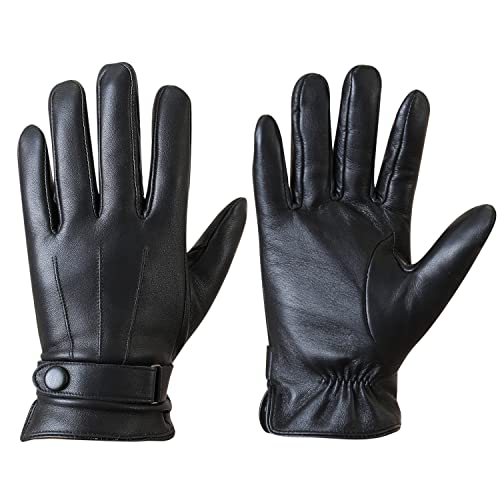 MaxW Herbst Winter Herren Leder Handschuhe Schwarz Schafsfell Handschuhe mit Schnallen Weich Warm Touchscreen Fahren Radfahren Fäustlinge Futter aus Kaninchenfellimitat L von MaxW