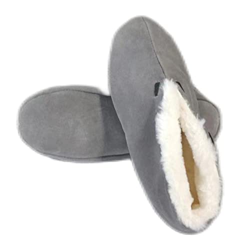 MaxW Winter Hausschuhe für Damen und Herren Plüsch Bettschuhe Weiche Warme Spanische Leder Hausschuhe Kuhfell Mokassins Graue 43 von MaxW