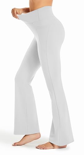 Maxbee Ausgestellte Leggings mit Taschen für Damen, hohe Taille, Bauchkontrolle, Yogahose, Crossover-Workout, weites Bein, Bootcut-Hose, Weiss/opulenter Garten, X-Klein von Maxbee