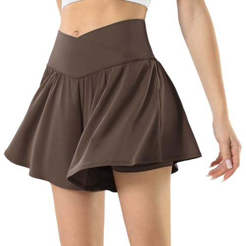 Maxbee Damen-Tennis-Skorts mit Taschen, gekreuzt, hohe Taille, athletische Shorts, Golf-Skorts, fließende Lauf- und Workout-Shorts, Braun, Groß Maxbee Damen-Tennis-Skorts mit Taschen, gekreuzt, hohe Taille, athletische Shorts, Golf-Skorts, fließende Lauf- und Workout-Shorts, Braun, Groß von Maxbee