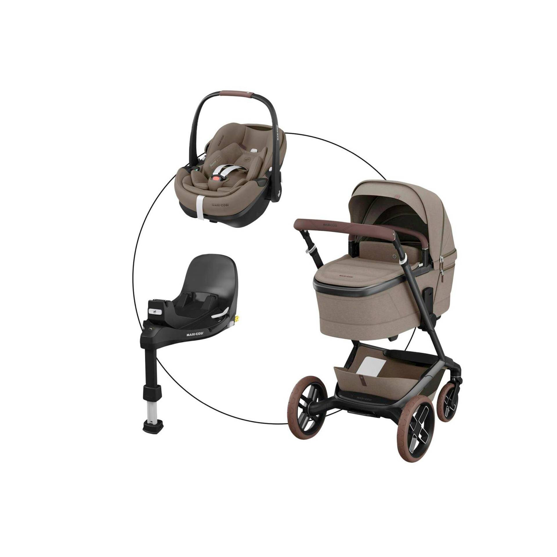 Maxi-Cosi Premium Kombikinderwagen Fame inkl. Babyschale Pebble 360 Pro 2 und Isofix-Basis FamilyFix 360 Pro beige von Maxi-Cosi